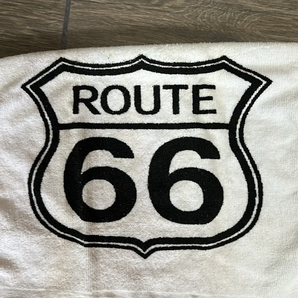Route 66 tea towel, vintage black and white. Fringe edge. 12”x24”